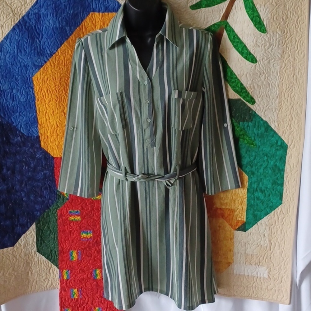 Katella Couture Belted Striped Midi Dress, green, belt is short